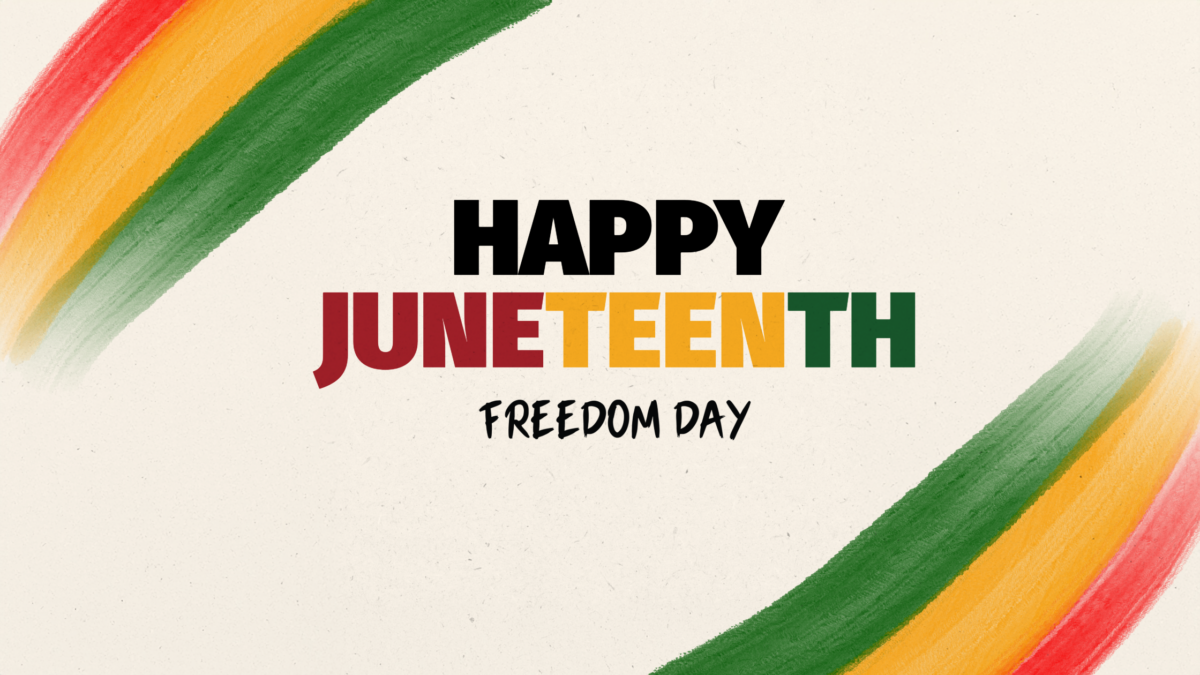 beige background with red, yellow, green brush strokes that says "Happy Juneteenth Freedom Day"