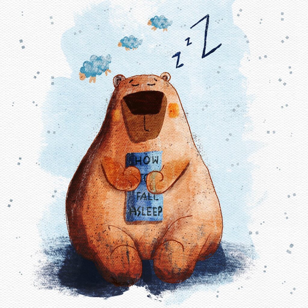 illustration of sleeping bear holding a paper that says, "how to fall asleep"