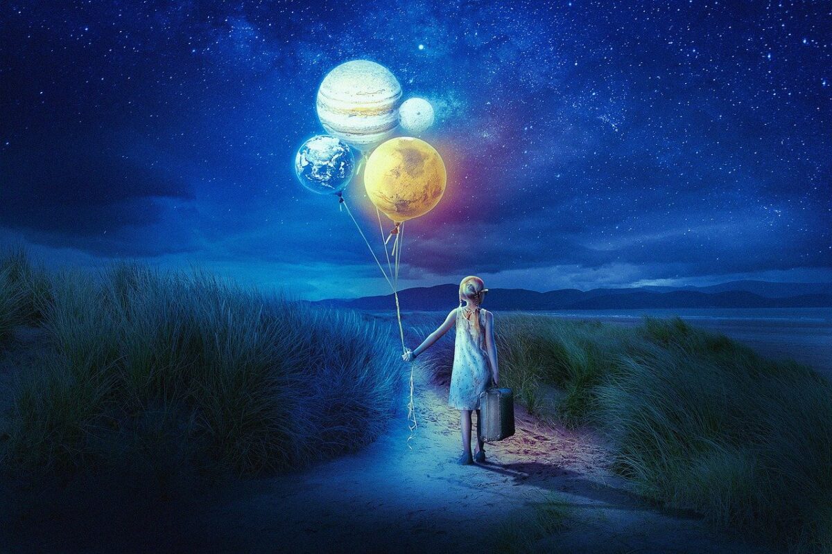illustration of night sky with girl holding balloons