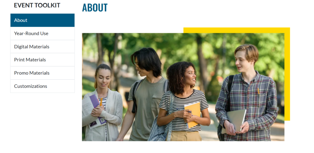 Eliminate Tobacco Use Event Toolkit image showing clickable tabs for about, year-round use, digital materials, print materials, promo materials, and customizations next to an image of students walking across campus