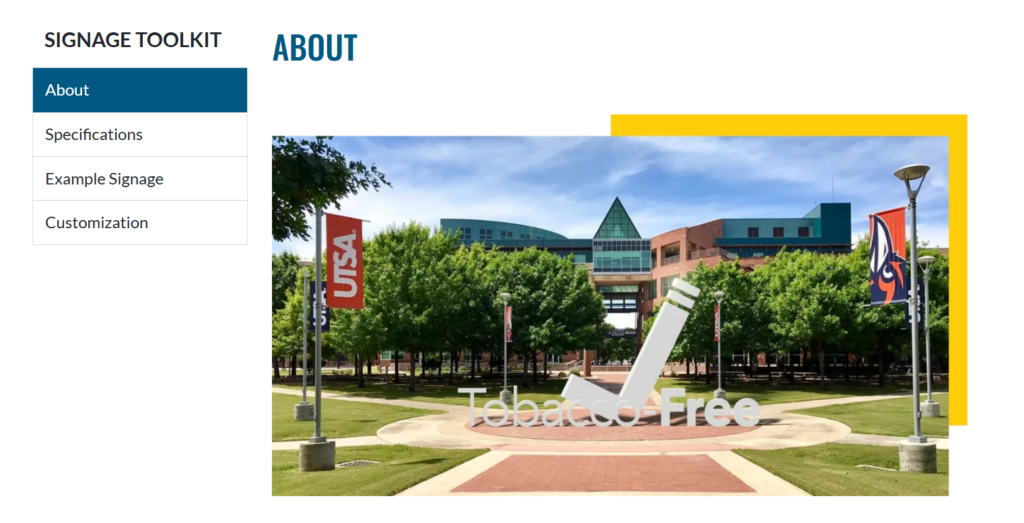 Eliminate Tobacco Use Signage Toolkit image showing clickable tabs for about, specifications, example signage, and customization next to an image of a big 'tobacco free' sign on a college campus