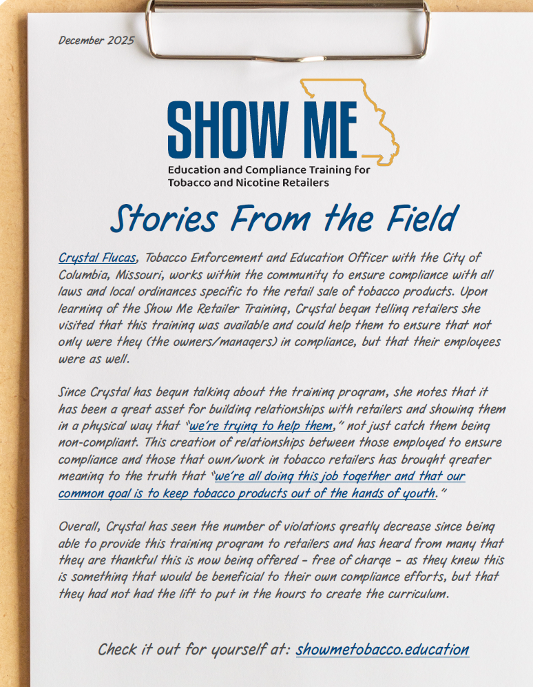 Paper handout on a clipboard with the title 'Show Me Tobacco Retailer Stories from the Field'